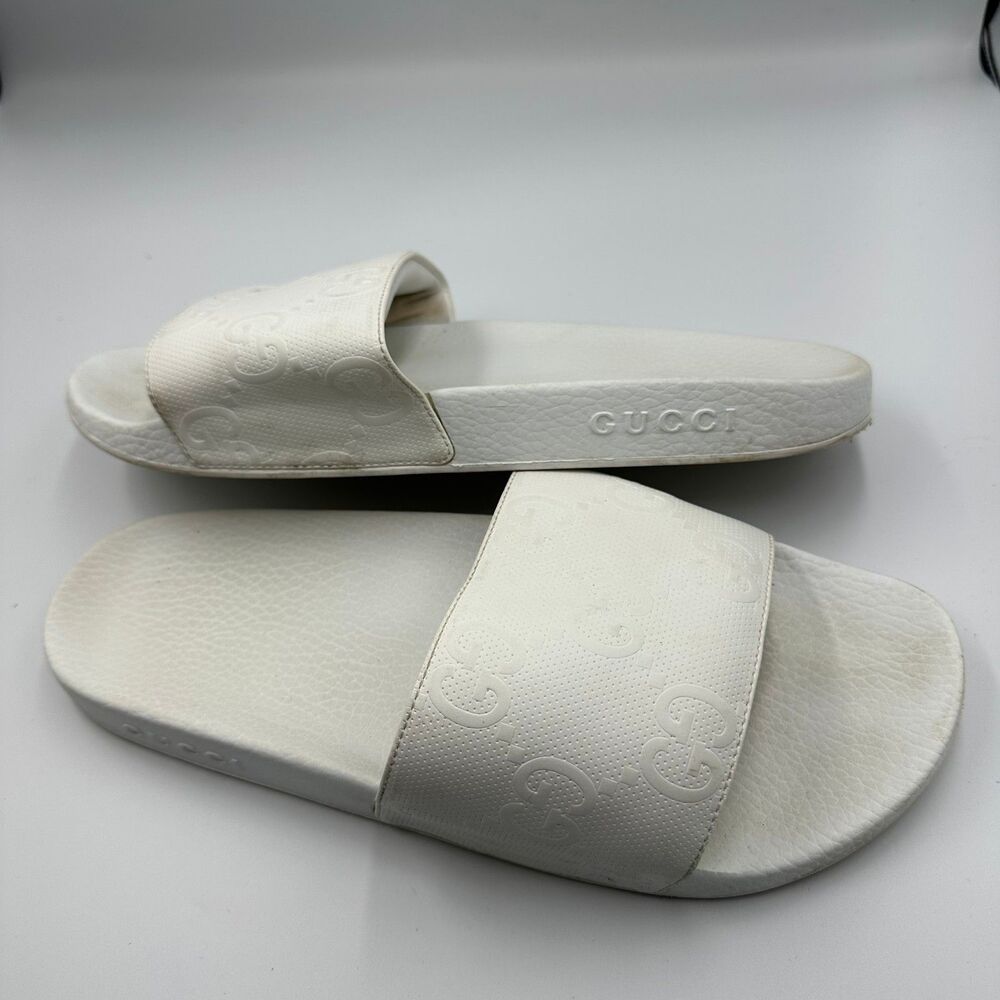 Gucci Mens White GG Embossed Rubber Pursuit Slide Sandals EU 45 US 12 Italy
